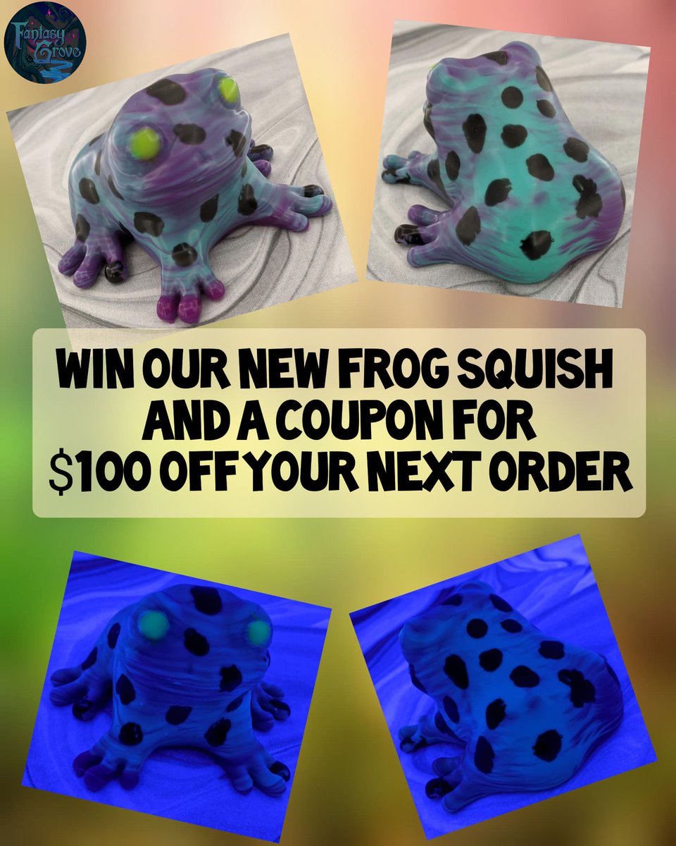 GroveFantasy's tweet photo. It's giveaway time! To celebrate 2,500 followers we will be giving one of our new frog squishes away. The winner will also win a coupon for $100 off their next order. The frog is 4 inches wide by 2.5 inches tall. To enter follow @grovefantasy and retweet this tweet. Rules below https://t.co/peQLV2XDXq
