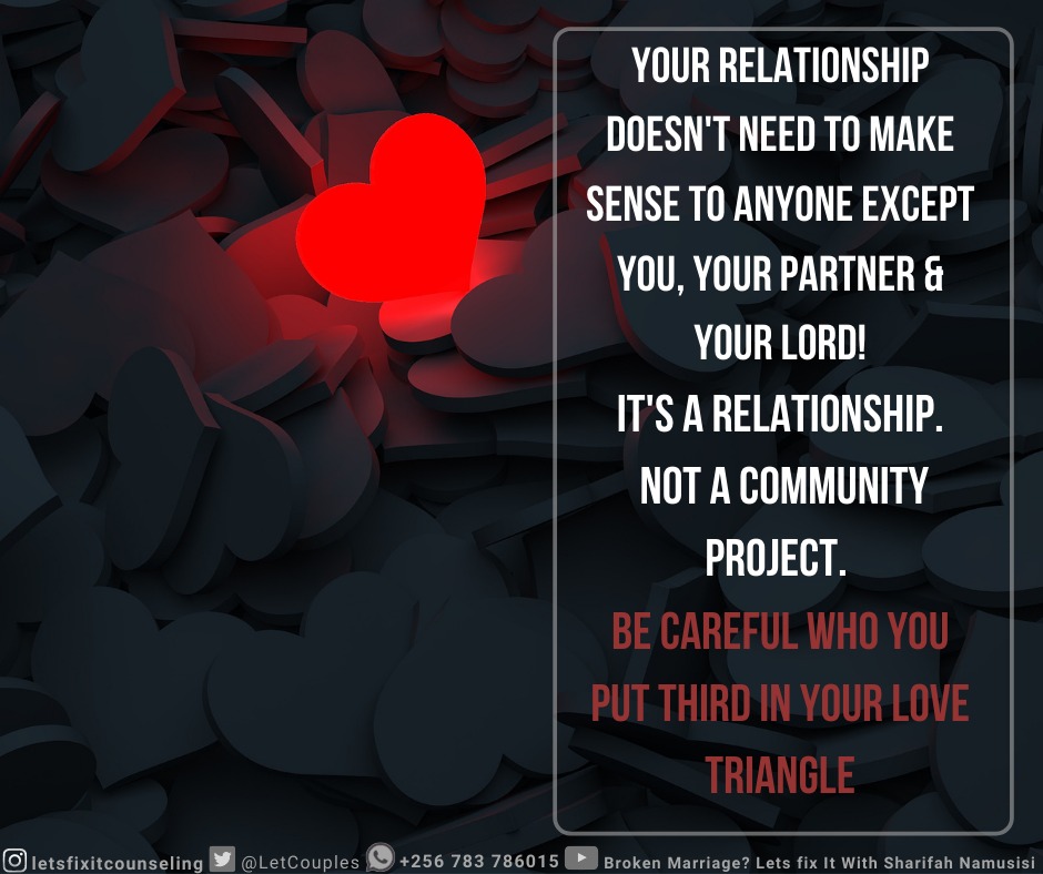 Letsfixitcouple's tweet photo. Your Relationship Doesnt need to Make sense to anyone except you,your partner &amp; Your Lord!
It's A Relationship. Not A Community project. 
Be Careful who you put third in your love triangle.
 Subscribe to my YouTube channel via https://t.co/PFq2kul4BG.. #LetUsFixIt. https://t.co/qnuUNSdr0i