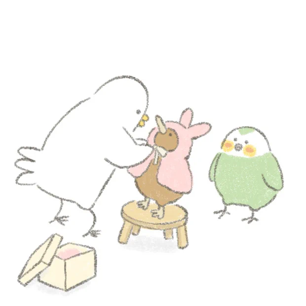 ハトさんにケープを着せてもらうキーウィ。
わくわくしながら待つカカポ。 