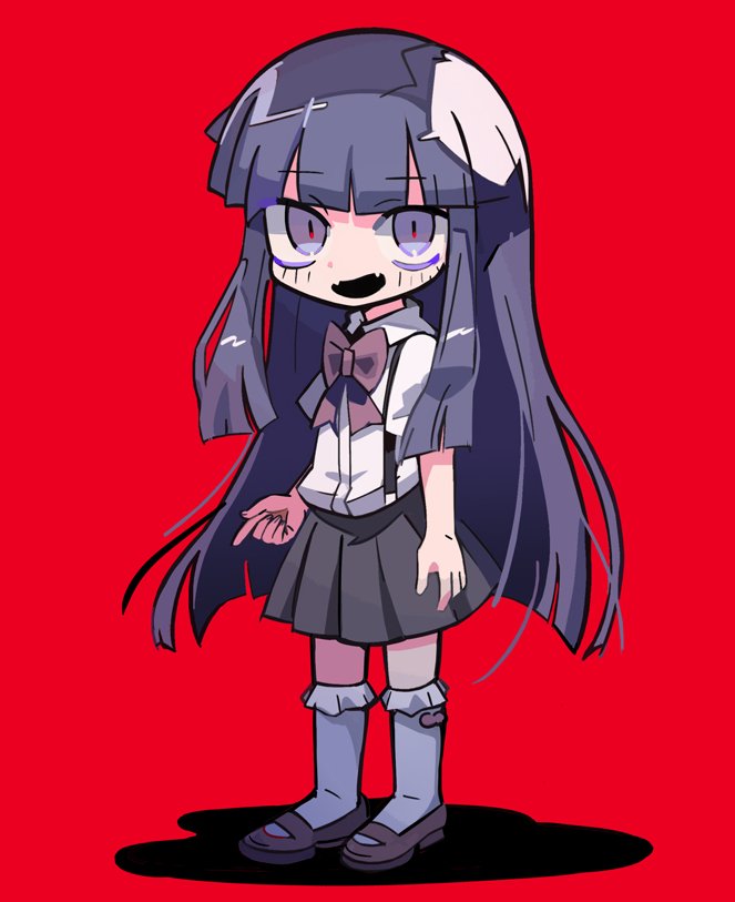 furude rika 1girl skirt solo red background long hair bow shirt  illustration images