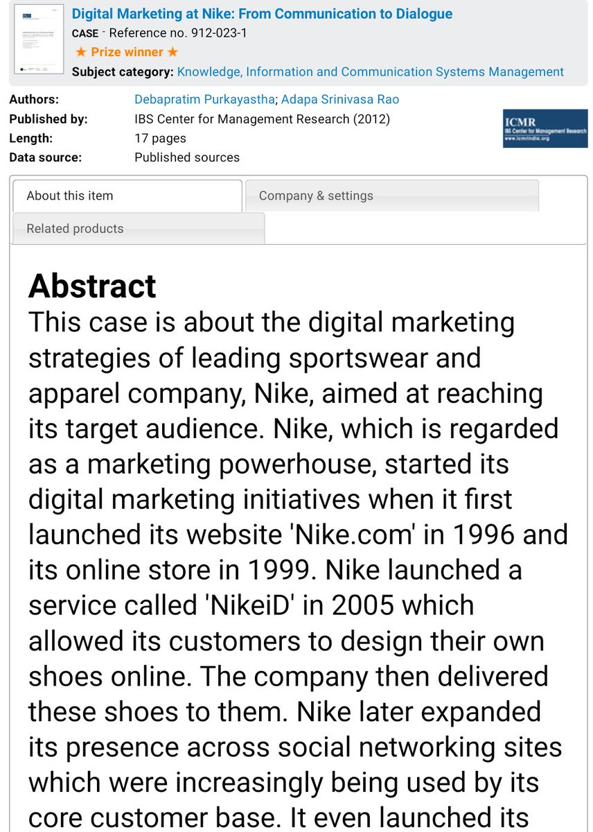 #BestsellingCases2020
Digital Marketing at Nike: From Communication to Dialogue
thecasecentre.org/educators/prod…

#ICT #SocialMedia; #socialmediamarketing #Marketingcommunications #Digitalmarketing #strategy #Brandmanagement #Brandevolution #AMBUSHmarketing #Brandvalue #nike
