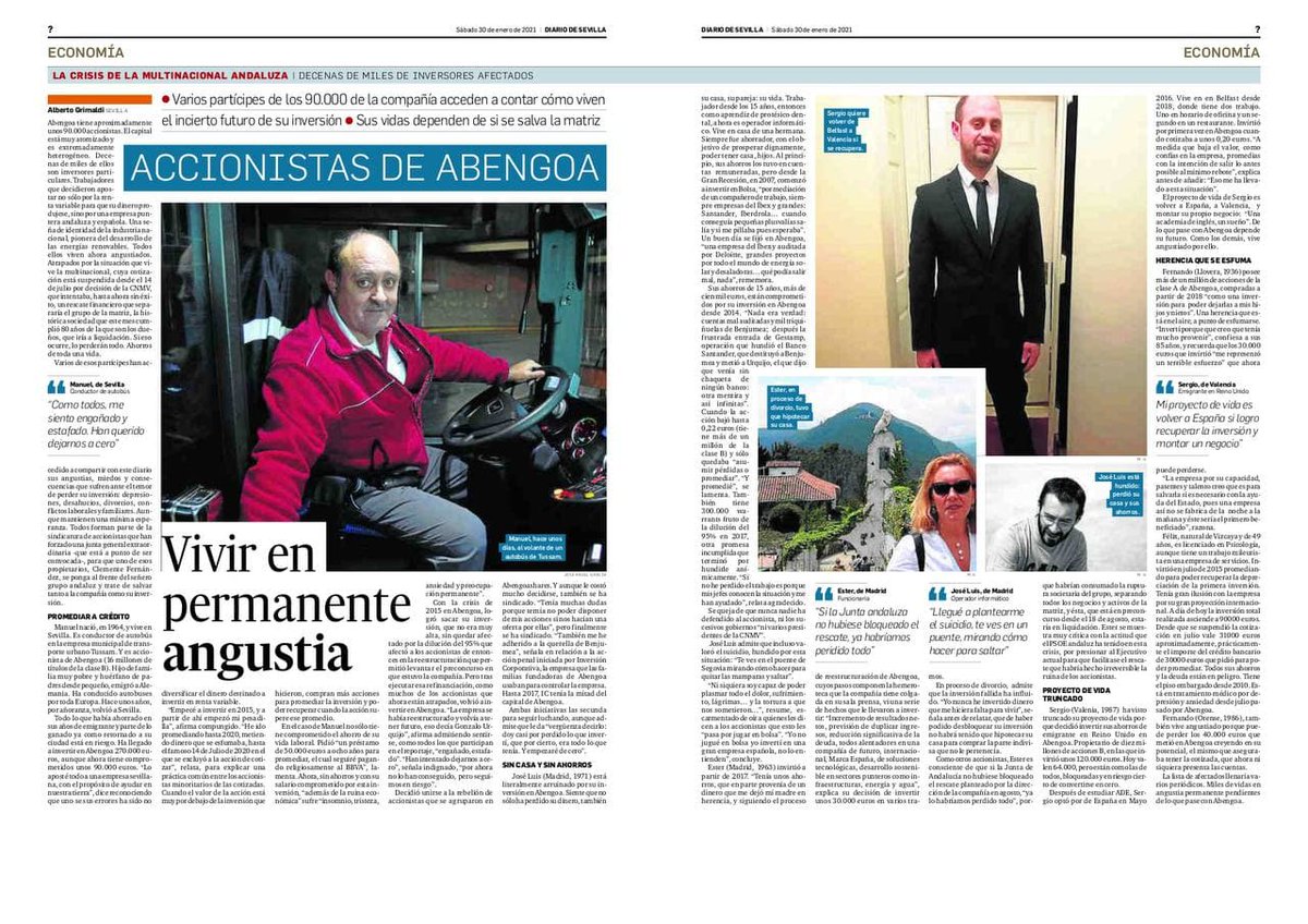 abengoashares's tweet image. Los accionistas de #Abengoa somos gente normal: trabajadores, familias ahorradoras, NO especuladores. Invertimos en una multinacional de #renovables en #España y nos engañaron. No es solo dinero, son nuestras vidas con las que están jugando. #Gobierno
 diariodesevilla.es/economia/Abeng…