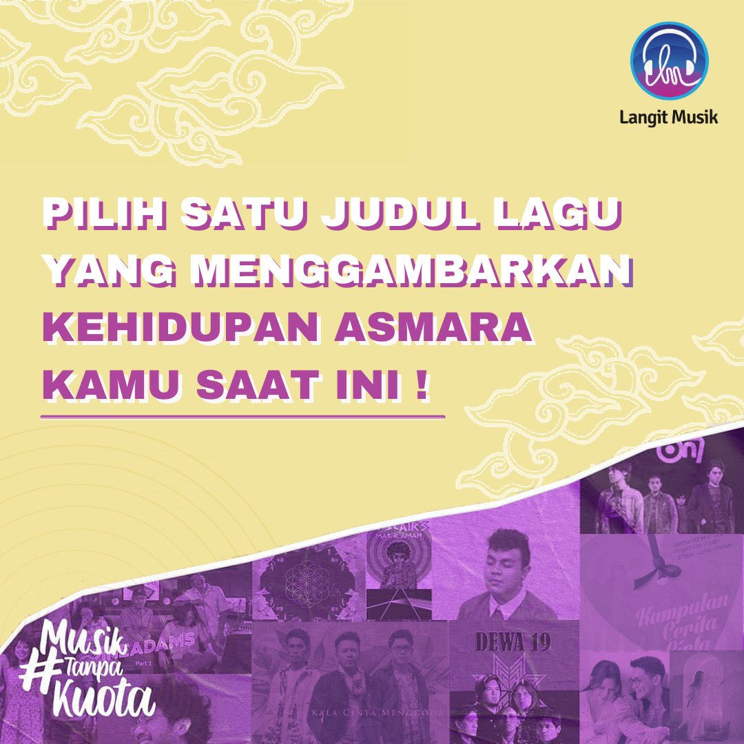 LangitMusik's tweet photo. Sobat, Cemin mau tau dong coba tulis di kolom komentar satu judul lagu yang gambarin perasaan kamu saat ini? Kalo cemin sih jomblo..... jadi yang pas lagunya Afgan aja deh Jodoh Pasti Bertemu hiks :")
Kalo kamu? #LMusikFun
#LangitMusik
#MusikIndonesia
#TebakTebakan #LaguCinta https://t.co/jVsfUfUvky
