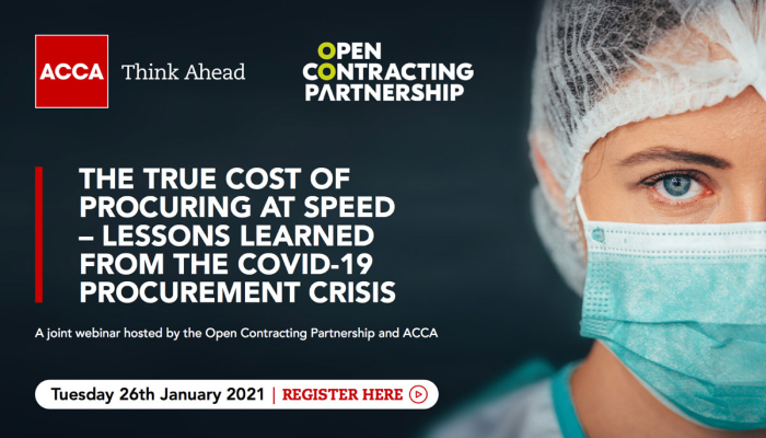 Open Contracting Partnership (@opencontracting) on Twitter photo What's the true cost of procuring at speed? Register for a webinar on the lessons from the #COVID19 procurement crisis. With experts from <a href="/INTOSAI_IDI/">INTOSAI Development Initiative</a> <a href="/wbg_gov/">World Bank Gov</a> <a href="/NAOorguk/">National Audit Office</a> and Lithuania. Hosted together with <a href="/ACCANews/">ACCA</a>. 26 Jan, 10 AM GMT zoom.us/meeting/regist… What's the true cost of procuring at speed? Register for a webinar on the lessons from the #COVID19 procurement crisis. With experts from <a href="/INTOSAI_IDI/">INTOSAI Development Initiative</a> <a href="/wbg_gov/">World Bank Gov</a> <a href="/NAOorguk/">National Audit Office</a> and Lithuania. Hosted together with <a href="/ACCANews/">ACCA</a>. 26 Jan, 10 AM GMT zoom.us/meeting/regist…