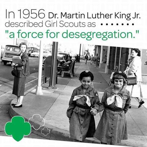 Today, we honor the life, service, and leadership of Martin Luther King, Jr. In 1956, amid the struggle for civil rights, Dr. King described Girl Scouts as a “force for desegregation.” 💚 #MLKDay #MartinLutherKingDay #MLKDayofService #Courage #Confidence #Character