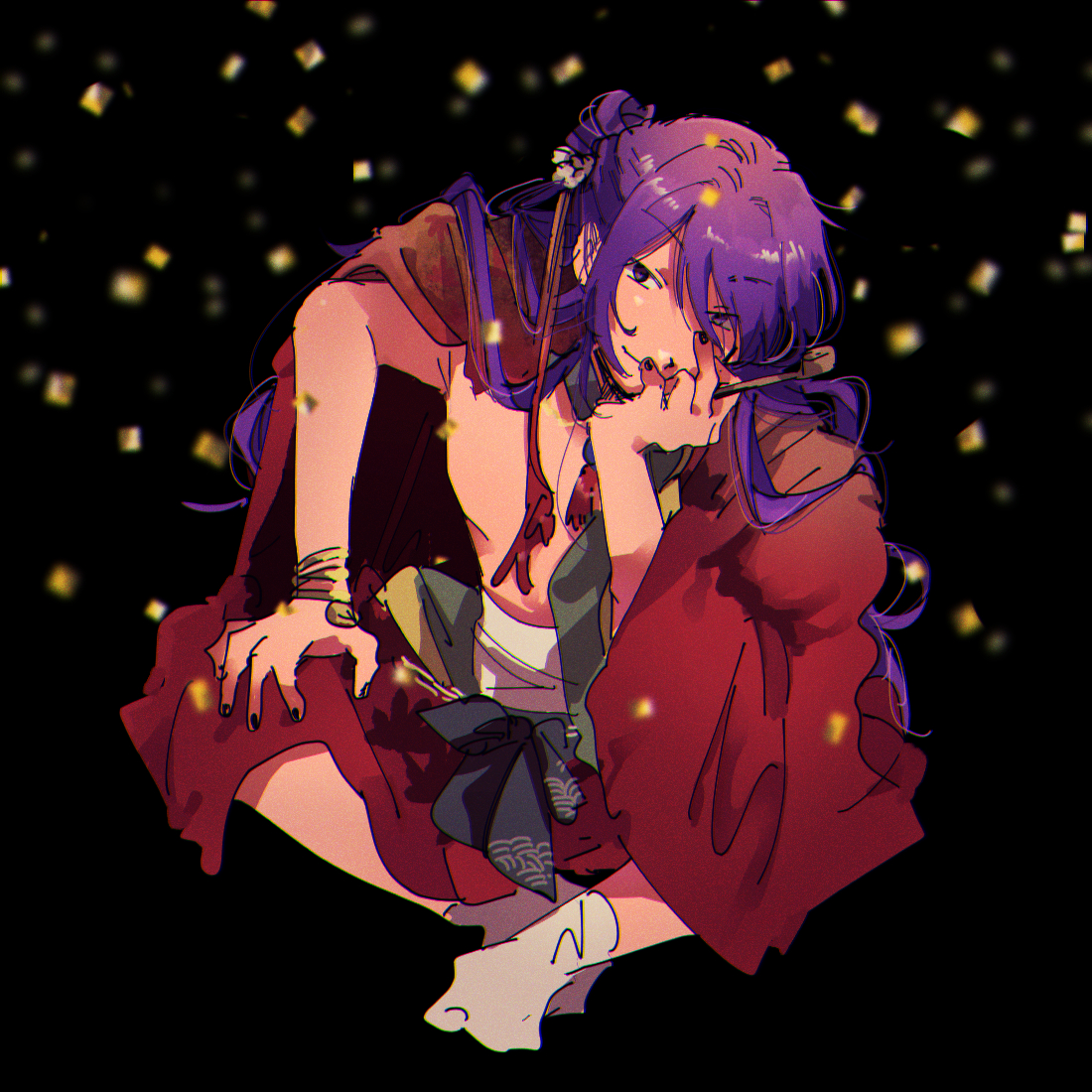 purple hair long hair 1boy solo male focus japanese clothes single hair bun  illustration images