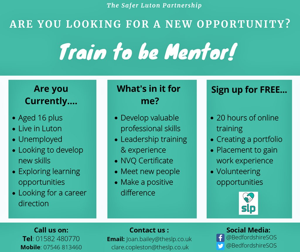 Luton SOS Service (@lutonsos) on Twitter photo Are you looking for a new opportunity?
Would you like to try something new?
Would you like to learn new skills?
Here <a href="/TheSLP1/">The SLP</a> we have an exciting new course starting this February. For more info please see poster attached. email us to sign up! <a href="/jdbailey19/">Dr Joan Bailey MBE FRSA DL 🇻🇨</a> <a href="/lutoncouncil/">Luton Council</a> Are you looking for a new opportunity?
Would you like to try something new?
Would you like to learn new skills?
Here <a href="/TheSLP1/">The SLP</a> we have an exciting new course starting this February. For more info please see poster attached. email us to sign up! <a href="/jdbailey19/">Dr Joan Bailey MBE FRSA DL 🇻🇨</a> <a href="/lutoncouncil/">Luton Council</a>