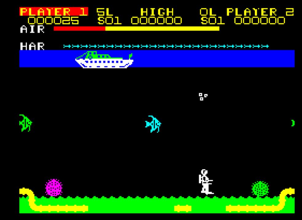 JulzMunczy's tweet photo. Lunchtime #retrogaming on the #zxspectrum #DevilDiver ( reviewed by @jenkin7NICK https://t.co/4bmo9RDtdu ) another excellent find by Nick, it's like Jetpac but with fish !Love the different types of #fish in this one and it is very addictive #justonemorego time! https://t.co/zySK5Hci3u
