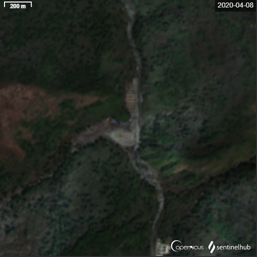 First, let's look at a timeline of the site. In December 2019, the site was a forested confluence of a stream and the Tsari Chu river, by April 2020 the area had been cleared, and some construction appears to have begun. By August, much of the construction seemed mostly finished.