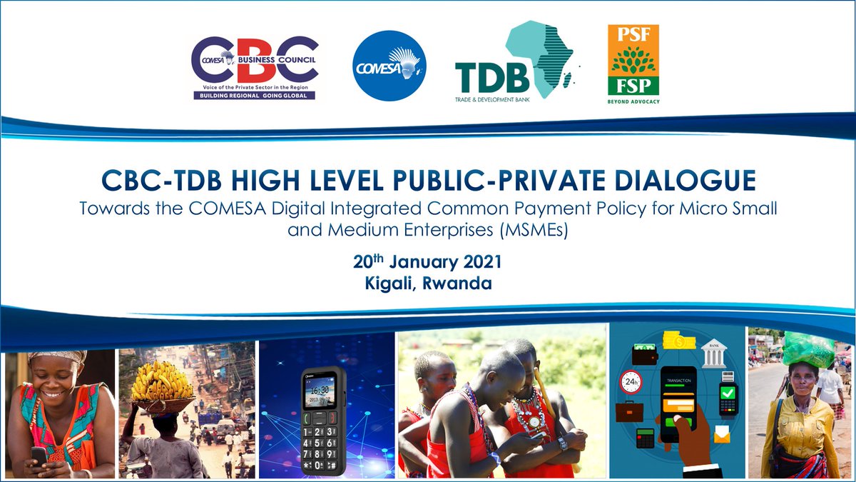 The CBC-TDB High Level PPD kicks off tomorrow! Looking forward to deliberations with the region's #DigitalFinancialServices stakeholders towards validation of the COMESA #digital integrated common payment policy+framework 4 #SMEs. More info on our website👉bit.ly/2NheBcO