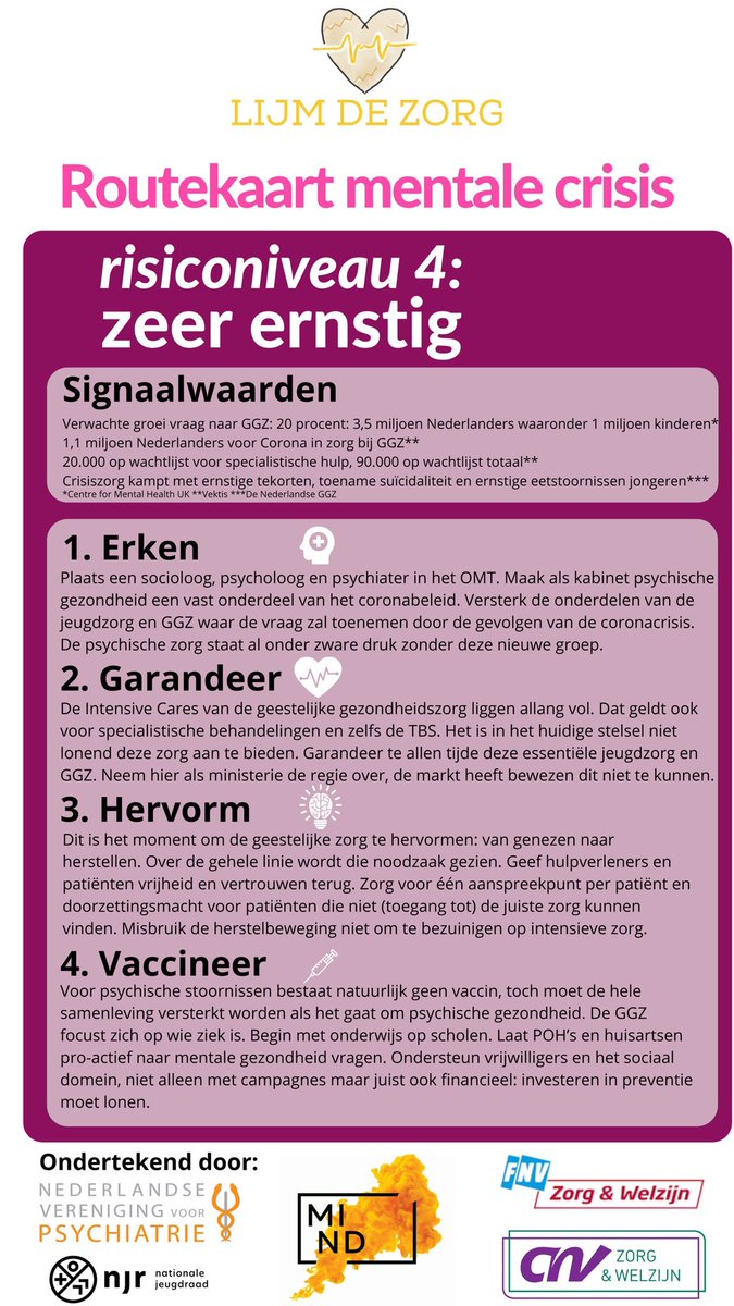 Precies een jaar geleden kwam @charlotbouwman voor het eerst in actie voor de GGZ. Vandaag biedt zij samen met <a href="/lijmdezorg/">Lijm de Zorg</a>, <a href="/psychiaters/">Nederlandse Vereniging voor Psychiatrie (NVvP)</a> <a href="/wijzijnmind/">MIND</a> en @njrtweets deze routekaart aan aan <a href="/PaulBlokhuis/">Paul Blokhuis</a>. 

Geen tijd om te verliezen dus: erken, garandeer, hervorm, vaccineer!
