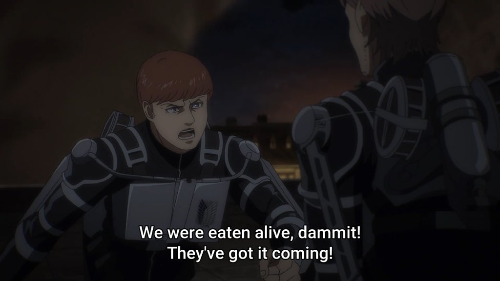 I’ll say it again, the act of sacrificing innocents is immoral. This is why I disagree with Floch. But is it justifiable in this particular context? Yes, in my opinion it is. Eren KNOWS he is in the wrong for killing innocents. But he is justified for doing so. +