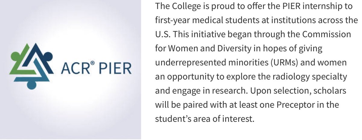 Any first year #MedStudents looking for a summer internship? Check out the <a href="/RadiologyACR/">American College of Radiology</a> PIER Internship, a program aimed at giving #URM and #RadXX better opportunities to explore #radiology and engage in research! Learn more &amp; apply: bit.ly/3oUHKYD
<a href="/ACRRFS/">ACR RFS - We've Moved! Follow @RadiologyACR.</a> <a href="/futureradres/">Future Radiology Residents</a>