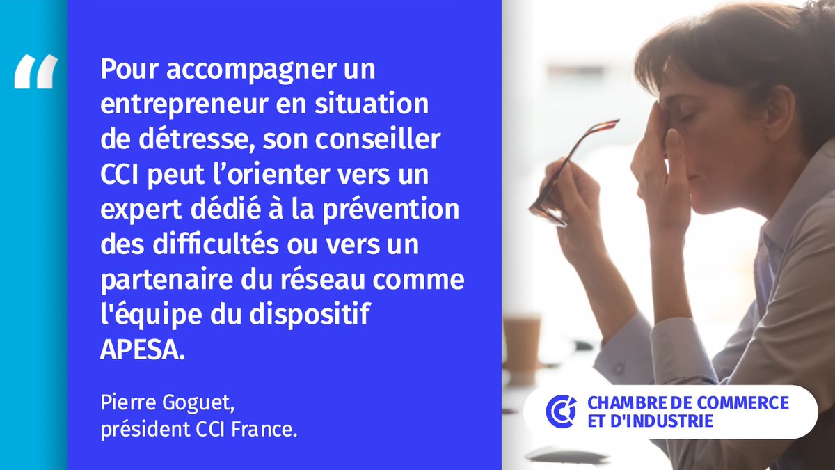 ccifrance's tweet photo. Les #CCI ont mis en place des dispositifs pour accompagner des #entrepreneurs en situation de souffrance morale. Ex avec la cellule de soutien psychologique aux chefs d’entreprise de l'association #APESA (Aide psychologique aux entrepreneurs en souffrance aiguë) : 0 805 65 505 0 https://t.co/9VoZwRjnEx