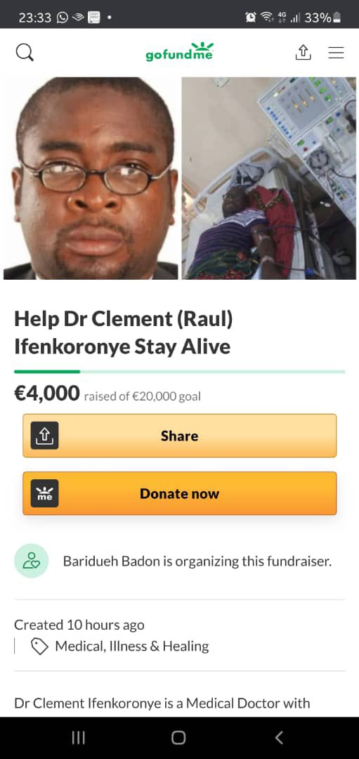 OurFavOnlineDoc's tweet photo. This is Dr Clement Raul Ifenkoronye.
He’s a medical doctor who has End Stage Renal Failure

This means his kidneys have failed.
He needs regular dialysis and new kidney to stay alive.

He needs 10million naira to save his life.
Pls help us Save Dr Raul.

Kindly RT pls. I beg you. https://t.co/XXQty96LbO