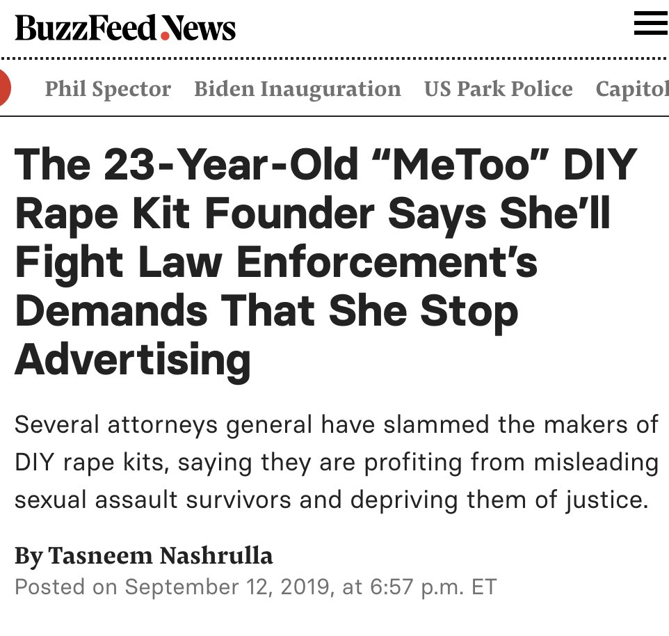 (8/25) Campbell has repeatedly been misleading about her kits' admissibility in court.Leda Health used to be called "MeToo Kits" and they were widely panned in the press for both their tasteless name and their nonsensical plan. https://www.vox.com/identities/2019/9/5/20850965/me-too-kit-metoo-rape-sexual-assault https://nypost.com/2019/09/04/morally-and-legally-irresponsible-at-home-metoo-rape-kit-creator-under-fire/