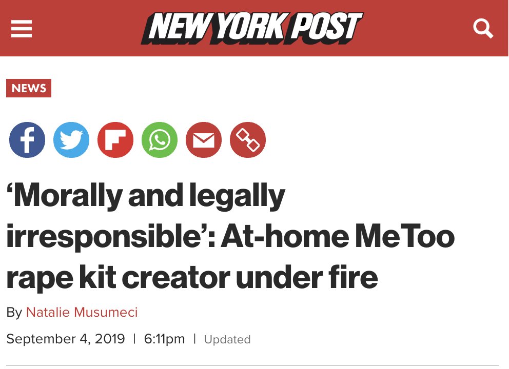 (8/25) Campbell has repeatedly been misleading about her kits' admissibility in court.Leda Health used to be called "MeToo Kits" and they were widely panned in the press for both their tasteless name and their nonsensical plan. https://www.vox.com/identities/2019/9/5/20850965/me-too-kit-metoo-rape-sexual-assault https://nypost.com/2019/09/04/morally-and-legally-irresponsible-at-home-metoo-rape-kit-creator-under-fire/
