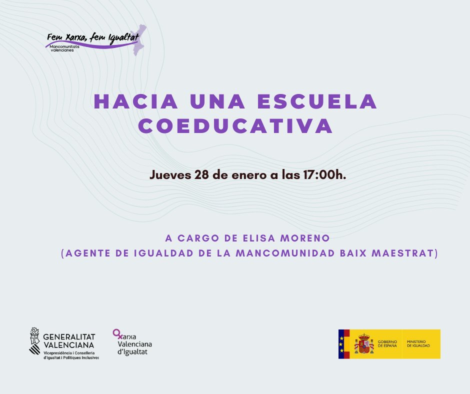 GVAIgualtat's tweet photo. 📢 @GVAinclusio continua el 2º ciclo #FemXarxa #FemIgualtat con la webinar ‘Hacia una escuela coeducativa’

📅 28 de enero
🕛 17.00 horas

👉 ¿quieres participar? Inscríbete aquí para acceder a la plataforma ‘Fem Xarxa’ https://t.co/prCwW8aB5I https://t.co/nD15jZnSlg