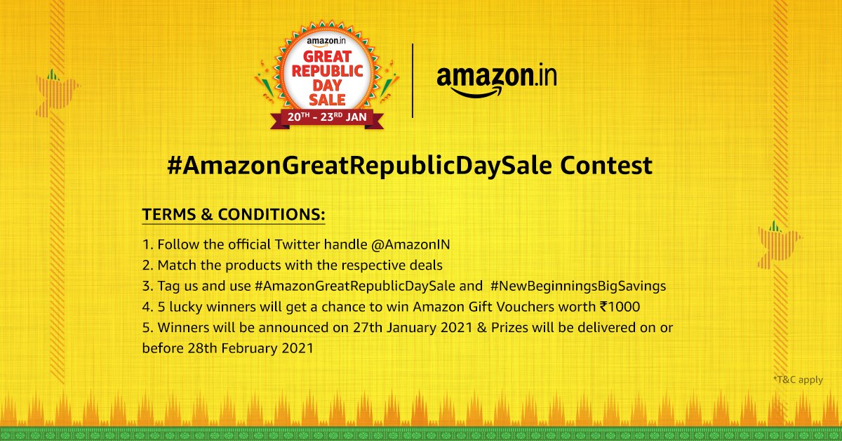 amazonIN's tweet photo. Follow the Terms &amp; Conditions for the #AmazonGreatRepublicDaySale contest. https://t.co/3VRTCVKGDj