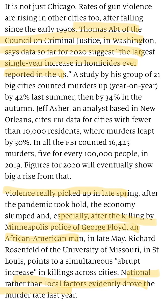 ‘Thomas Abt of the Council on Criminal Justice, in Washington, says data so far for 2020 suggest “the largest single-year increase in homicides ever reported in the US’The ‘Ferguson Effect’? Good luck defunding the Police in any case. https://amp.economist.com/united-states/2021/01/16/america-is-experiencing-the-worst-recorded-increase-in-its-national-murder-rate?__twitter_impression=true