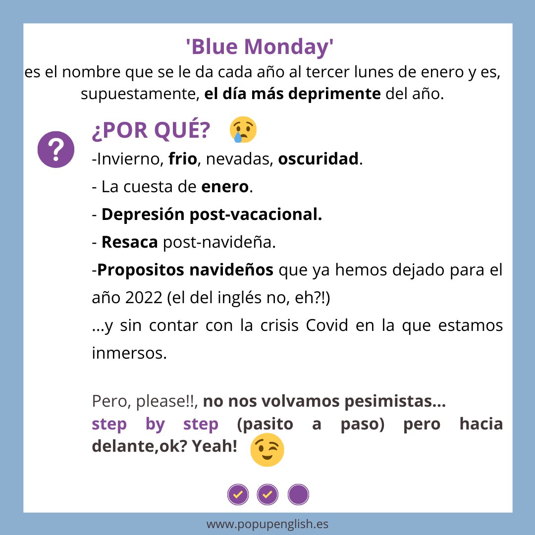 PopUpEngC's tweet image. &apos;I&apos;m feeling a bit blue&apos; (Me siento un poco triste)🙁
🖐️Pero, please!!, no nos volvamos pesimistas, que todavía nos queda todo un año por delante, asi que... step by step (pasito a paso) pero hacia delante,ok?💪 Yeah!

PS: I would like a Purple Monday🤭

#bluemonday