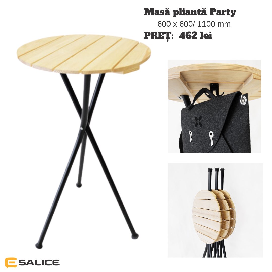ClujSalice's tweet photo. 🪑 MASA PARTY PLIANTĂ
️🏷️ Preț:4️⃣6️⃣2️⃣ lei
🛒 https://t.co/PLjBwVccR3 | vanzari@salice.ro | ☎️ 0264 406 055
Dimensiuni (mm): 600 × 600 × 1100 
Finisaje: Structură metalică vopsită cu pulberi în  câmp electrostatic, uz extern
Blat lemn masiv molid, uleiat, natur https://t.co/jFKhaId1pd