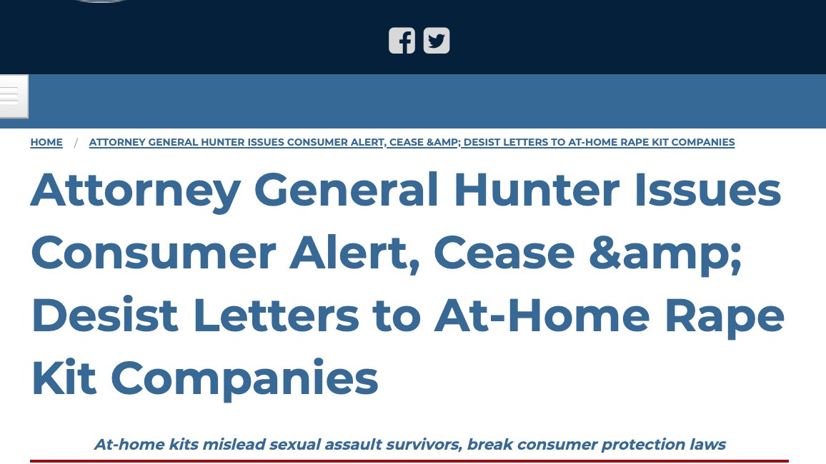 (11/25) MeToo Kits received similar responses from attorneys general in Virginia, North Carolina, New York, and Oklahoma--and the Manhattan District Attorney's Office. https://www.oag.state.va.us/media-center/news-releases/1525-september-10-2019-herring-issues-warning-about-self-administered-sexual-assault-evidence-kits https://ncdoj.gov/attorney-general-josh-stein-me-too-at-home-sexual-assault-kits-are-dangerous-and-misleading/ https://ag.ny.gov/press-release/2019/attorney-general-james-orders-sexual-assault-evidence-kit-companies-cease-and https://oag.ok.gov/articles/attorney-general-hunter-issues-consumer-alert-cease-desist-letters-home-rape-kit-companies