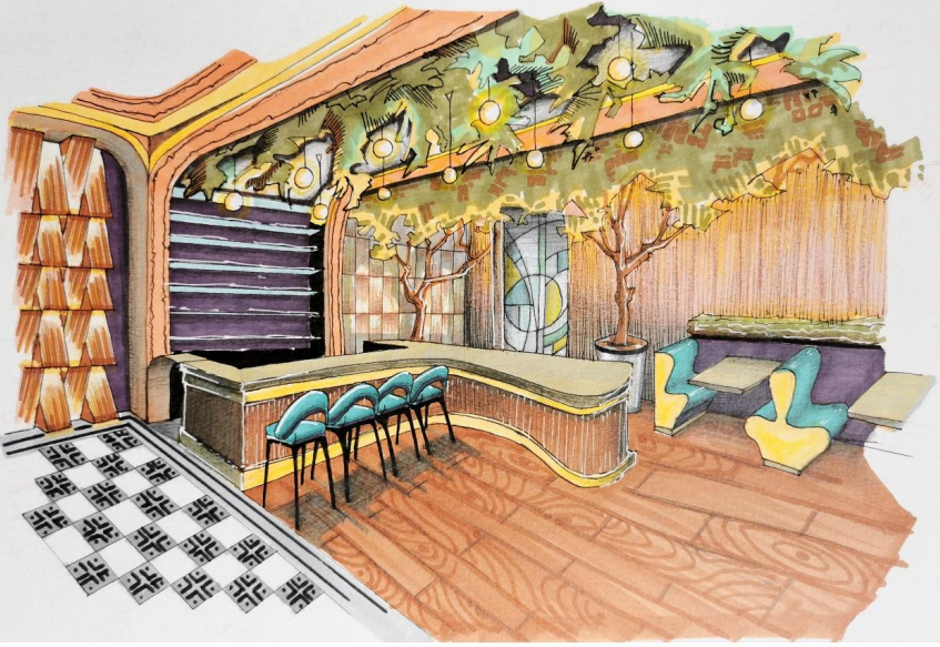 InteriorAcademy's tweet photo. #StudentSpotlight: Hotel bar concept drawings based on 2 trends - 'outdoor-indoor infusion trend' and 'personalised stay tend' -, by #IDAIstudent Tony Volf.  🤩👏 Which concept is your favourite?

#hotelbar #hoteldesign #interiordesign #interiors #IDAI https://t.co/SbD6KFEUpb