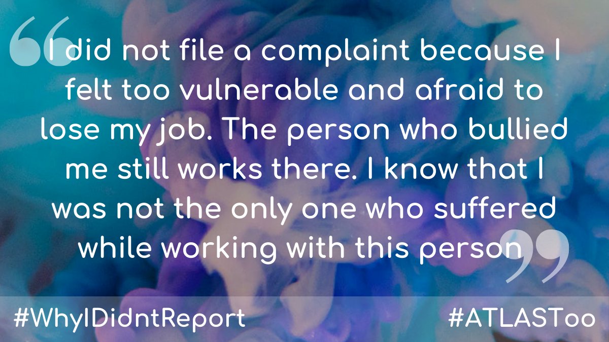 atlas_women's tweet photo. 📢#WhyIdidntReport
@4Genderjustice & @atlas_women campaign highlighting chronic underreporting at intl justice institutions & calling for concrete measures to assess & address systemic workplace misconduct including #sexualharassment, #bullying, #racism, etc.
#ATLASToo #MeToo https://t.co/iflOGU3am4