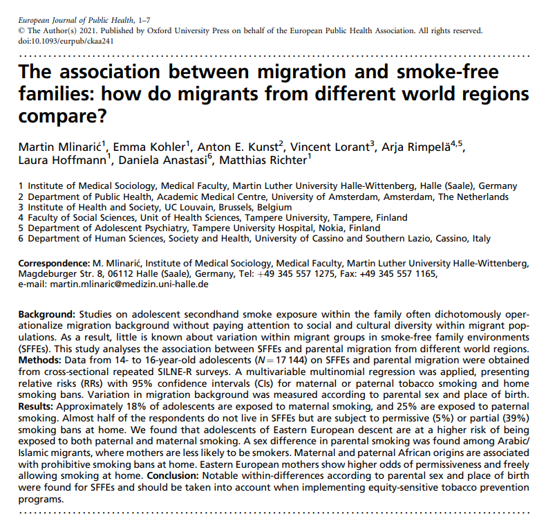 Groeien kinderen van migranten op in een #rookvrij huishouden? Dit hangt af van waar de ouders vandaan komen. doi.org/10.1093/eurpub…