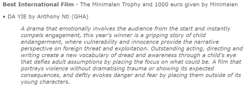DaYieShortfilm's tweet image. Thank you @minimalen for choosing #DaYie as Best Internation Film!! ❤️🙏  
We are so grateful that our short film continues to touch people across the world!

#shortfilm #AnthonyNti