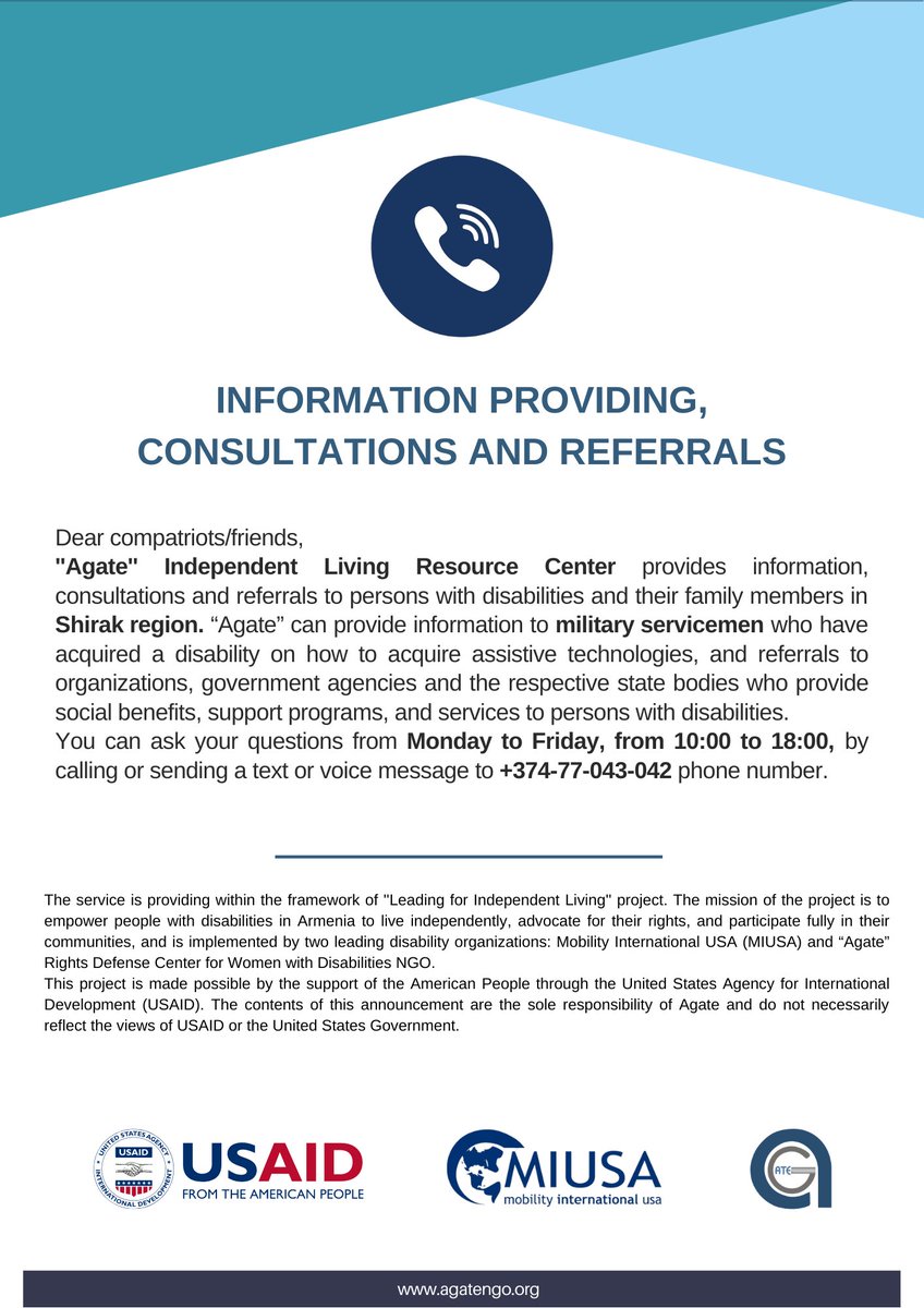NgoAgate's tweet photo. #NewService📣
”Agate” Independent Living Resource Center provides #information, consultations and referrals to #PersonswithDisabilities in #Shirak region.
#USAID #MIUSA #AgateNGO #IndependentLiving #IndependentLivingCenter #Disability
#LeadingforIndependentLiving
#Disability https://t.co/n9mkGYFiEz
