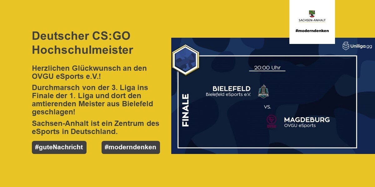 sachsenanhalt's tweet photo. Herzlichen Glückwunsch an den @OVGUESports zum Titelgewinn! Die Magdeburger Studenten besiegten im Finale der eSport @uniligaGG den amtierenden #csgo Hochschulmeister Bielefeld e Sports e.V.! https://t.co/HWd0KyX4GY
#guteNachricht #moderndenken (StK) https://t.co/9qzuEpKrPv