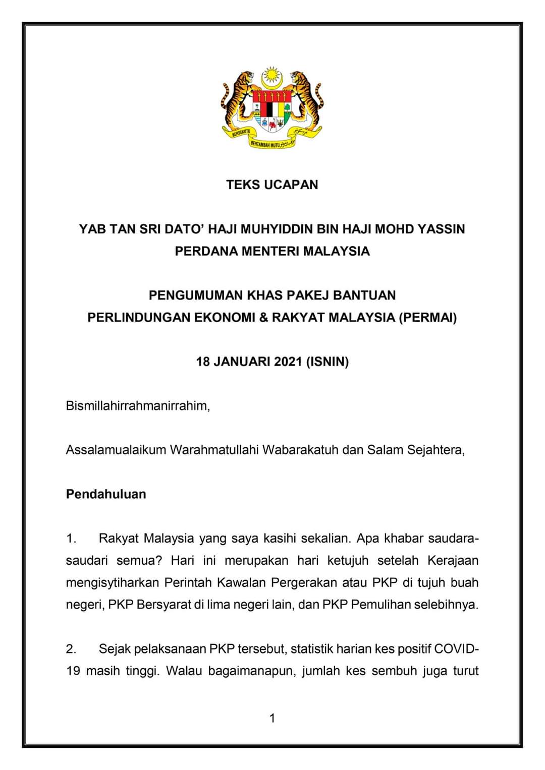 Pengumuman perdana menteri hari ini