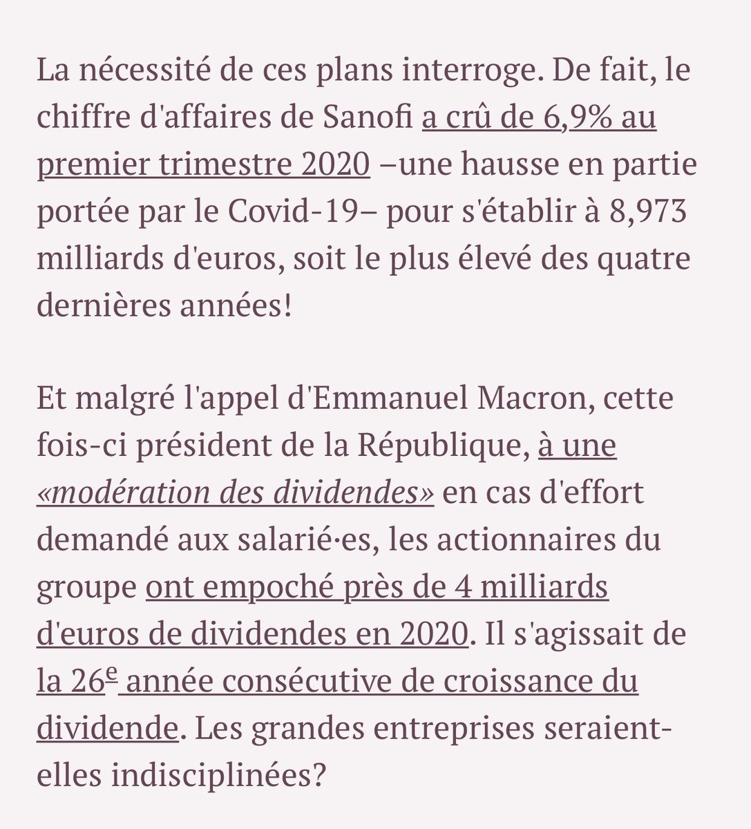 Donc <a href="/fo_sag/">Pascal LOPEZ</a> #Sanofi qui a perçu  entre 120 et 150 millions par an de Crédit Impôts Recherche et de #CICE licencie 400 chercheurs , alors que  les actionnaires empochent 4 milliards de dividendes ... cette situation est inacceptable 🛑