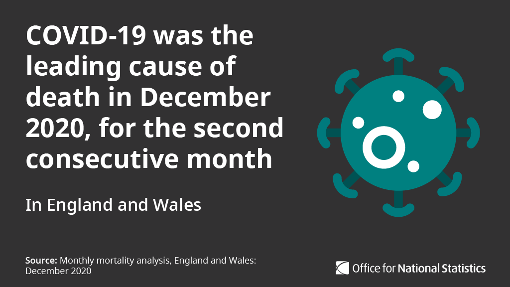 We’ve published our monthly mortality analysis data for December 2020.  #COVID19 was the leading cause of death for the month, accounting for  20.8% of all deaths in England 27.4% of all deaths in Wales  http://ow.ly/v4vN50Db5J4 