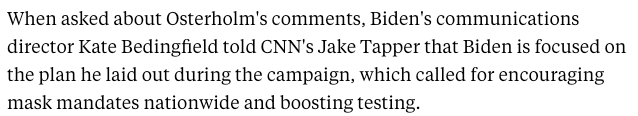 A Biden spokesperson quickly rejected the idea and instead emphasized testing and masks. Similarly, Anthony Fauci said that a lockdown was not necessary. 24/ https://abcnews.go.com/Politics/biden-covid-19-advisory-board-member-suggests-week/story?id=74173793