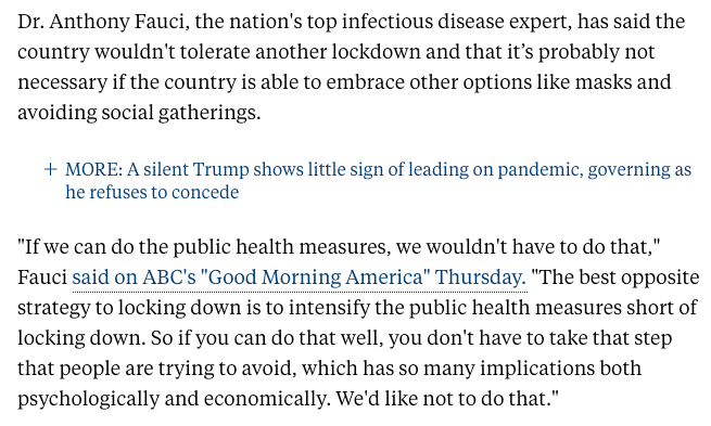 A Biden spokesperson quickly rejected the idea and instead emphasized testing and masks. Similarly, Anthony Fauci said that a lockdown was not necessary. 24/ https://abcnews.go.com/Politics/biden-covid-19-advisory-board-member-suggests-week/story?id=74173793