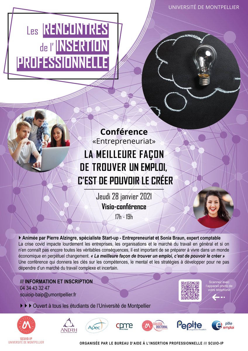 Le SCUIO-IP de l'Université de Montpellier organise les "Rencontres de l'Insertion Professionnelle". La première conférence, sur le thème de l’entrepreneuriat, a lieu le jeudi 28 janvier à 17h en visio-conférence.
Inscription : sphinx.umontpellier.fr/SurveyServer/s…