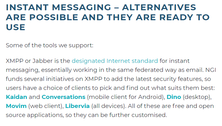 DiMPro_Lahnis's tweet photo. Check this.
There are plenty of #European #opensource alternatives for instant messaging.
#NGI4eu #trust #privacy #PrivacyAndSecurity #CyberSecurity #SaloCyberTalks https://t.co/R3o3UQtYbm