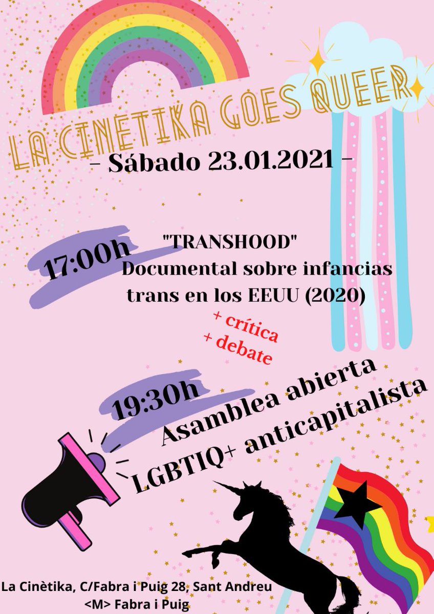 🌈SABADO 23 MINI JORNADA QUEER EN LA CINÈTIKA🌈

-17H PROYECCIÓN del documental sobre infancias trans en los EEUU +crítica y debate

-19:30 Primera asamblea abierta LBGTIQ+ anticapitalista 🔥

Os esperamos a todxs!!!!