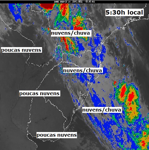 Muitas nuvens e algumas pancadas de chuva no leste/nordeste do RS e também no norte do estado. Tempo instável com chuva sobre os estados de SC e PR. Sobre o PR a chuva será mais volumosa. No sul e centro-oeste do RS tempo seco com poucas nuvens, mas com temperaturas menores.