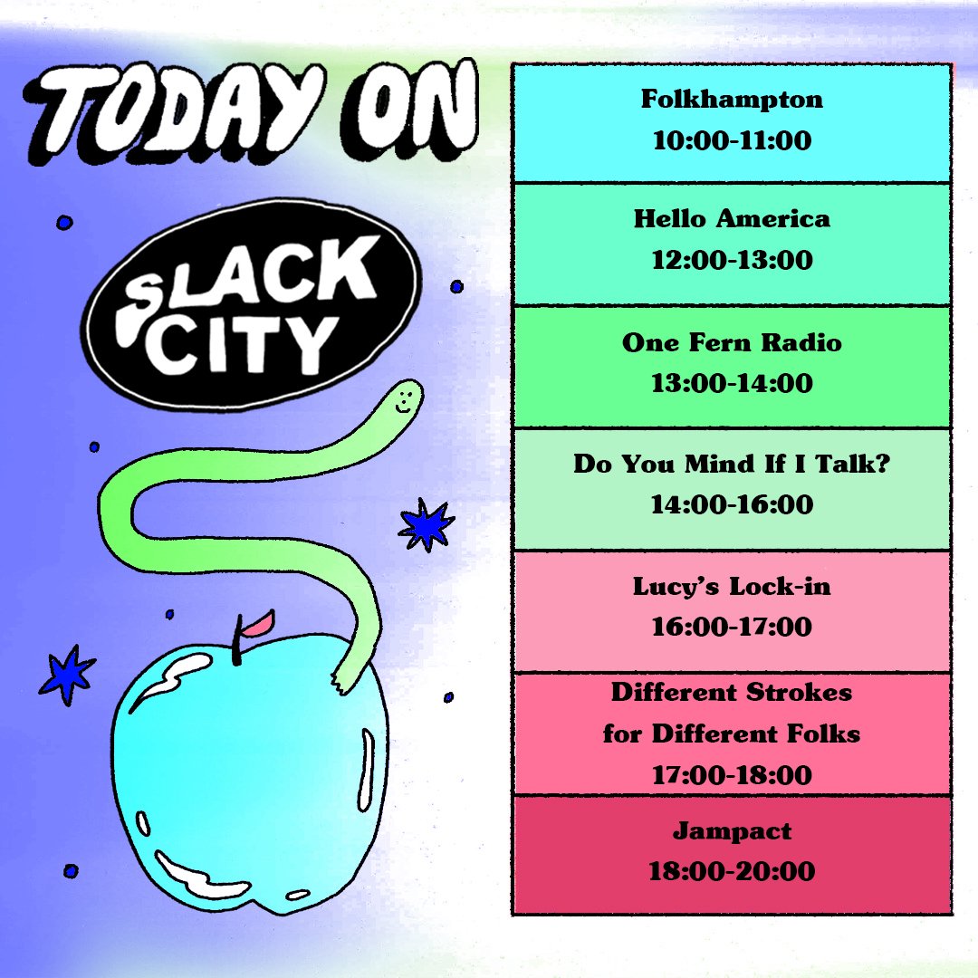slackcityradio's tweet photo. Monday in Slack City. Dial in on https://t.co/aS5ORxZjA6 or on DAB #SlackCityRadio
@folkhampton & @christt // #HelloAmerica // @onefernrecords // @_dick_dent // @Projectorsounds // @DiffFolks // #Jampact
Artwork by Emily Wallace https://t.co/82vgB3h5AJ