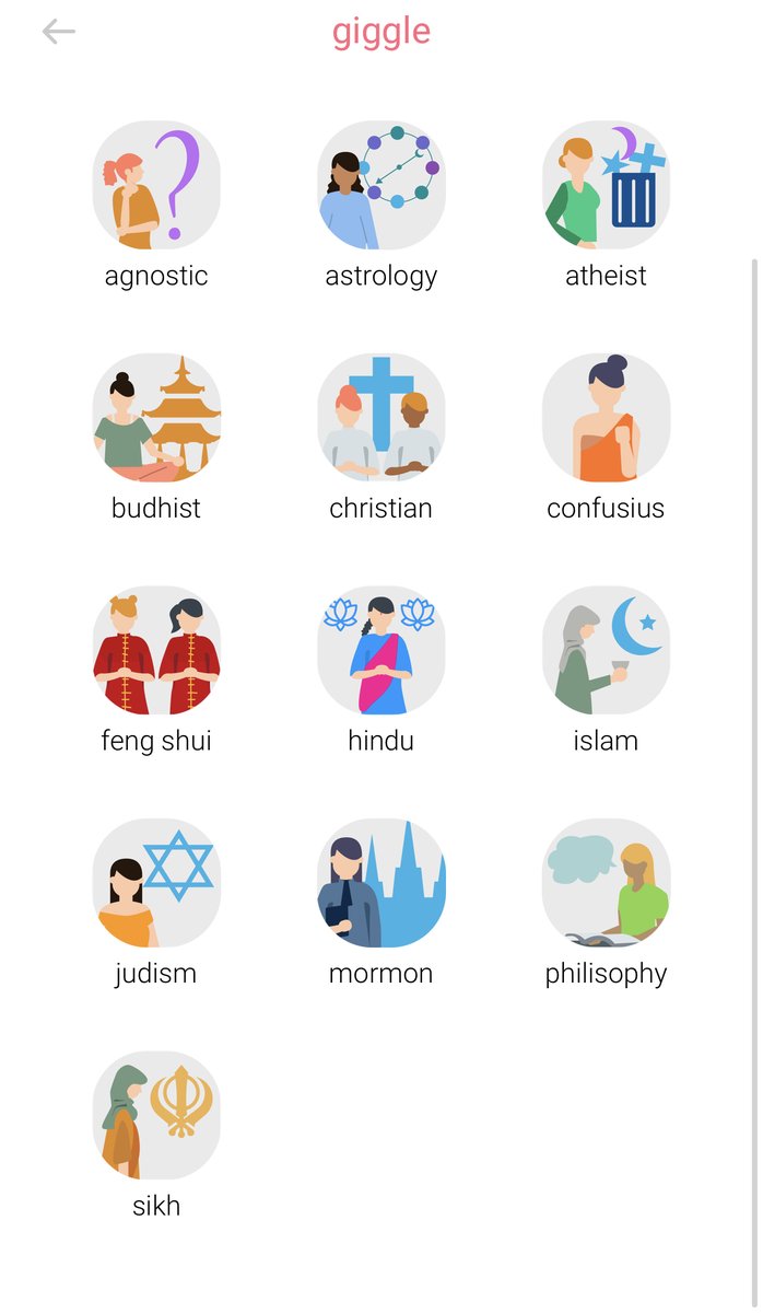 GIGGLE BELIEFS Connect with women specifically about religion or philosophy. Whether to form connections with women with the same belief systems as you or learn more about a particular faith, 'Beliefs' provides the space to feel comfortable expressing your ideas & thoughts. 7/