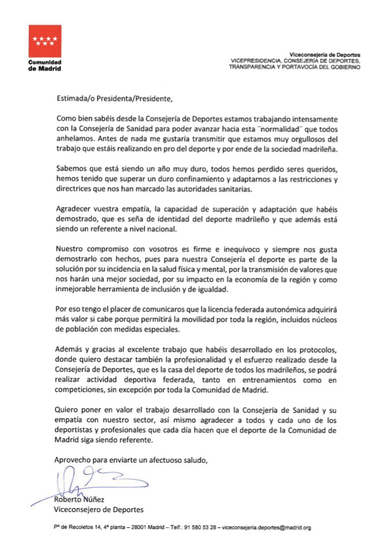 Gerard Esteva (@gerardesteva) on Twitter photo . <a href="/ComunidadMadrid/">Comunidad de Madrid</a> informa que:
1- la llicència federativa avala moure’s per tota la comunitat.
2- permet els entrenaments i les competicions sense limitacions.
Tot avalat pels protocols que hem liderat des de les fedes catalanes.
I aquí restem tancats...🥺
Perquè <a href="/govern/">Govern de Catalunya</a> ? . <a href="/ComunidadMadrid/">Comunidad de Madrid</a> informa que:
1- la llicència federativa avala moure’s per tota la comunitat.
2- permet els entrenaments i les competicions sense limitacions.
Tot avalat pels protocols que hem liderat des de les fedes catalanes.
I aquí restem tancats...🥺
Perquè <a href="/govern/">Govern de Catalunya</a> ?