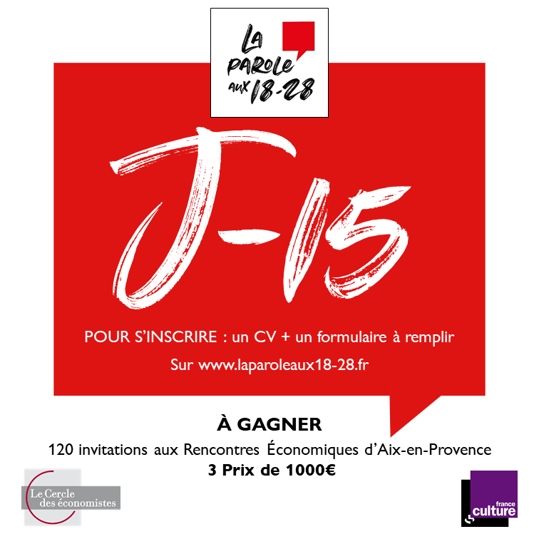 Cercle_eco's tweet photo. 🥇[Concours] La Parole aux 18-28
Plus que 15 jours avant la clôture des inscriptions au concours #LP18-28 ! Venez prendre la parole !

👉 Inscriptions ici : https://t.co/nhcdp3p4k7

cc @franceculture https://t.co/gzITWNZqlI