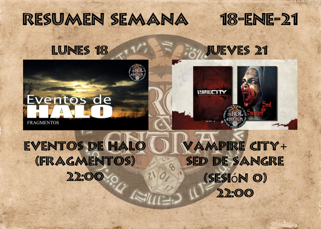 rolnado14's tweet photo. Resumen semanal
Lunes: #EventosDeHalo ( #Fragmentos ) de @Nosolorol
Jueves: #VampireCity + #SedDeSangre (Sesión 0) de @Nosolorol y @TheHillsPress
Buena semana ^^ https://t.co/1I6EcAsQc8