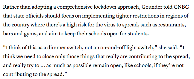 Another taskforce member, Celine Gounder, expressed opposition to lockdowns in favor of targeted approaches. "I think of this as a dimmer switch, not an on-and-off light switch.”This was echoed by frequently quoted public health expert Ashish Jha. 26/ https://www.cnbc.com/2020/11/13/biden-advisor-dr-gounder-says-covid-advisory-panel-doesnt-support-full-us-lockdown.html