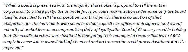 4. The problem is that by virtue of their seats on the board of the target, the directors proposing the deal still owed duties of loyalty, care, and good faith to the target's shareholders. Quoting the court: