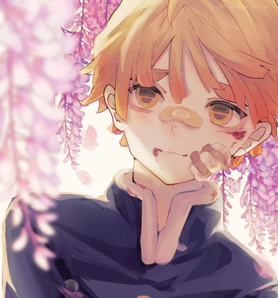 1boy male focus wisteria solo flower bandaid on face bandaid  illustration images